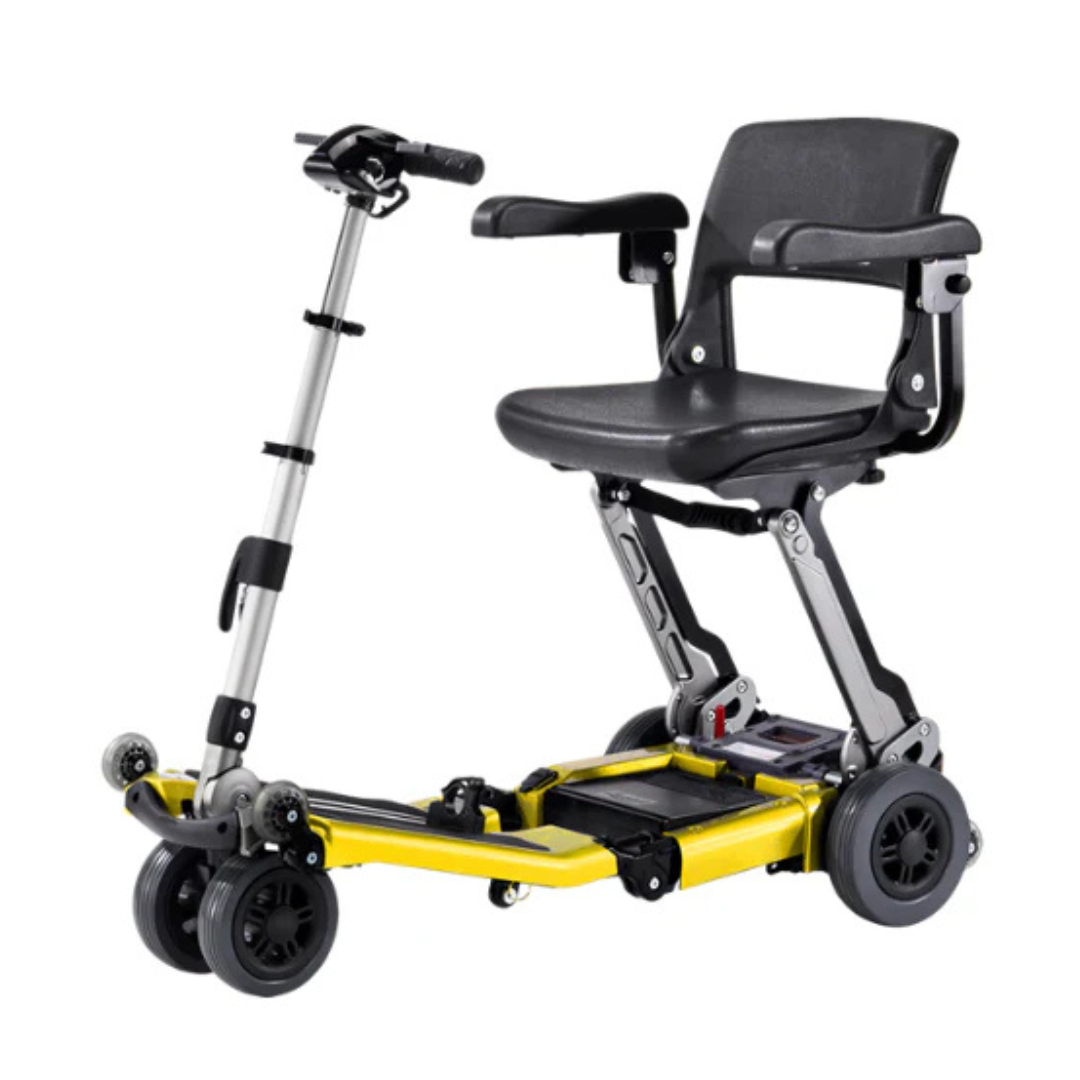 The FreeRider Luggie Elite Travel Scooter features a compact, foldable design with four wheels, black seat, armrests, and a yellow frame. Airline approved, it ensures reliable mobility and easy transport wherever you travel.